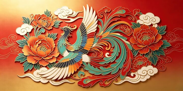 Colorful Phoenix Teal Red Orange Feathers Peonies Clouds Red Gold