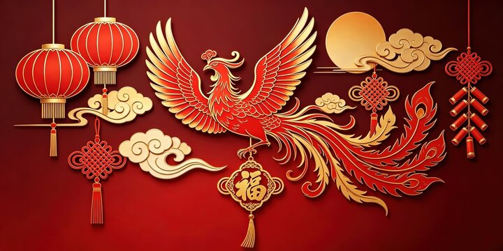 Red Gold Phoenix Flying Lanterns Firecrackers Gold Clouds CNY