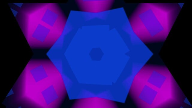Geometric pattern animation flows with vivid blue and purple tones. Symmetrical kaleidoscope graphics form this geometric pattern. Dynamic abstract motion fills the colorful geometric pattern.