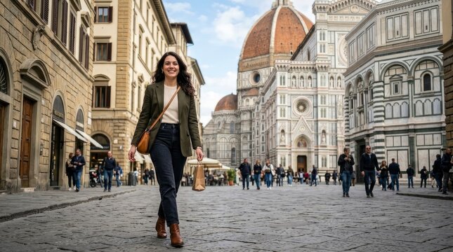 Happy young woman walking on a cobblestone street in Florence, Italy, with the iconic Duomo Cathedral in the background after a day of shopping