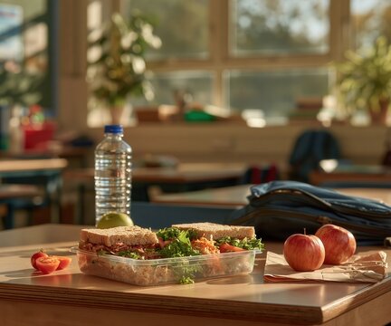 school lunch on a classroom desk after lessons, empty classroom softly blurred in the background