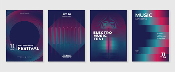 Fototapeta na wymiar Electronic music festival vector poster templates set. Neon gradient backgrounds with colorful abstract waves and modern DJ party event flyer designs