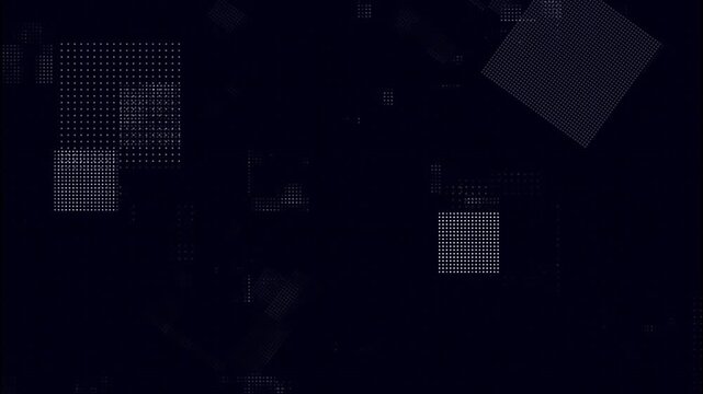 Geometric shapes animation forms abstract structures with white dots. Minimalist digital matrix nodes link within the geometric shapes. Modern cyber visual motion animates these geometric shapes.