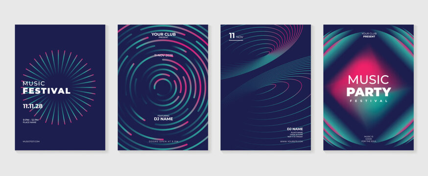 Electronic music festival vector poster templates set. Neon gradient backgrounds with colorful abstract waves and modern DJ party event flyer designs