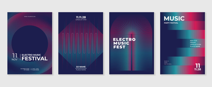 Electronic music festival vector poster templates set. Neon gradient backgrounds with colorful abstract waves and modern DJ party event flyer designs