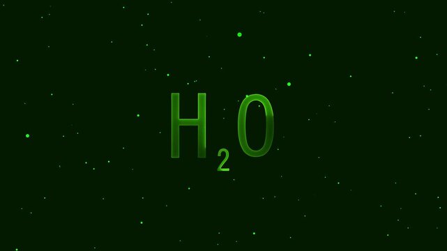 Chemical formula animation displays glowing green H2O with bubbles. Scientific water molecule research highlights the chemical formula. Digital educational chemistry graphics use the formula.