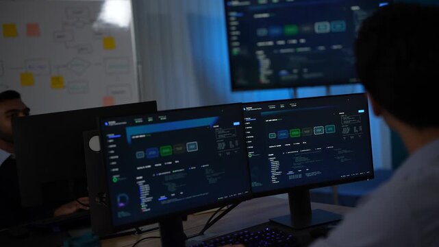 A young developer at a long desk keeps typing under a flowchart covered whiteboard, the dual screens lighting his face inside a dimly lit machine learning startup office.