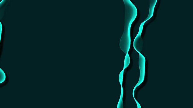 Wavy ribbons animation flows gracefully across dark space in teal. Smooth fluid wave curves blend within these teal wavy ribbons. Dynamic ambient lighting effects animate the wavy ribbons.