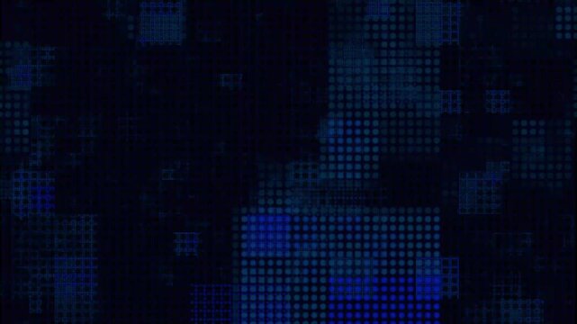 Digital pattern animation glows with blue and cyan pixelated blocks. Futuristic matrix perspective lines animate the digital pattern. High tech cyber data streams flow across this digital pattern.