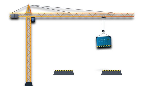 Industrial tower crane lifting and moving cargo container animation