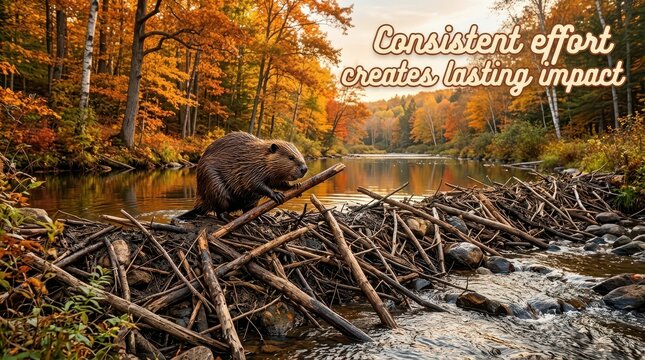 Beaver Building a Dam in a Beautiful Autumn Forest with Inspirational Quote Text Overlay