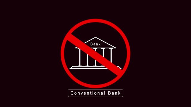 No conventional bank symbol animation crosses out a building mark. Decentralized digital finance concepts feature the no bank symbol. Cryptocurrency monetary alternative uses the no bank symbol.