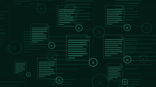 Digital documents animation displays cross marks and horizontal lines. Rejected file paperwork processing guides the digital documents. System data error verification displays on these documents.