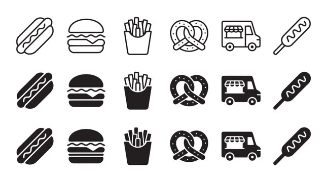 Fast food icon set featuring hotdog burger fries pretzel food truck and corn dog fastfood collection silhouette