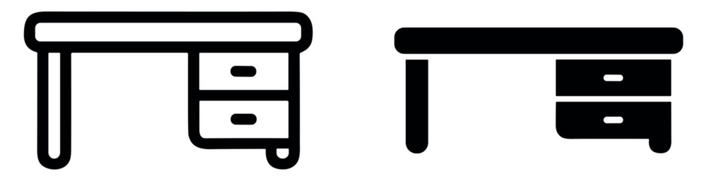Two black business desks with drawers side view icons set on transparent background