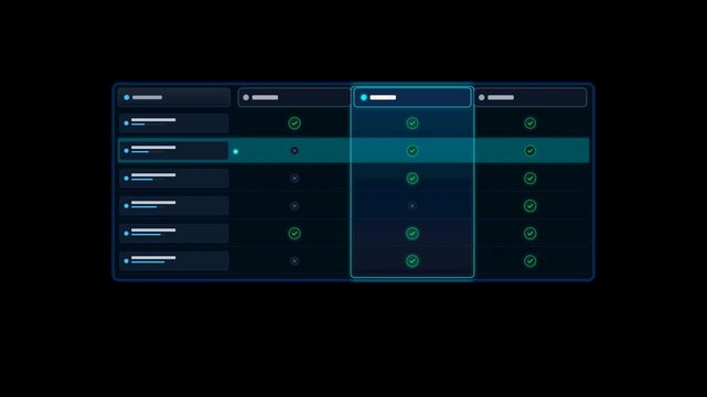 Product Feature Comparison Matrix Grid with smooth animated green checkmarks and subtle highlights