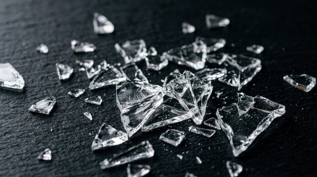 Shattered glass shards scattered on a dark textured slate background, macro photography