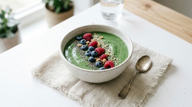 Healthy Green Smoothie Bowl with Blueberries, Raspberries, Chia and Hemp Seeds on a Bright Table