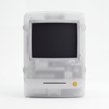 Transparent frosted retro all in one computer front view on white background