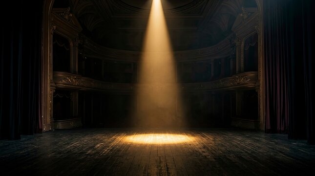 Atmospheric Empty Theater Stage with a Single Golden Spotlight on an Old Wooden Floor