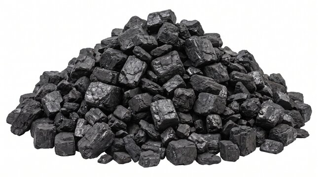 A large mound of rough black coal chunks isolated on a white background for industrial energy use