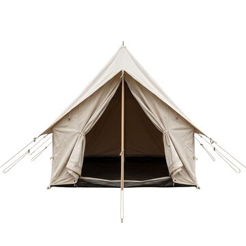 Classic open A-frame beige camping tent isolated on white background for outdoor gear concepts