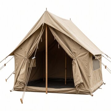 Open beige canvas camping tent isolated on white background for outdoor adventure travel design