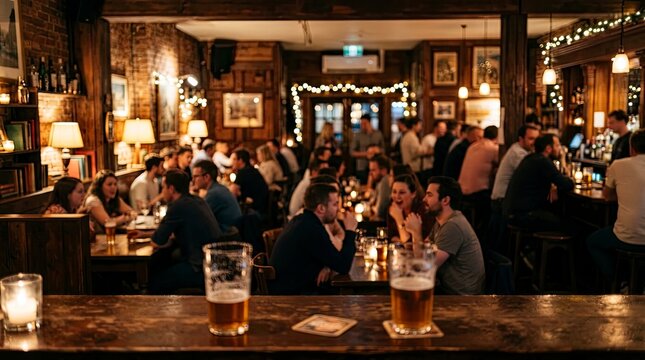 Cozy interior of a crowded traditional English pub at night with people socializing over drinks and warm ambient lighting
