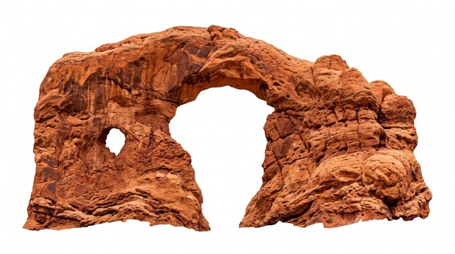 A majestic natural red rock arch formation, showcasing intricate geological textures and a distinctive opening, isolated on a stark white background.