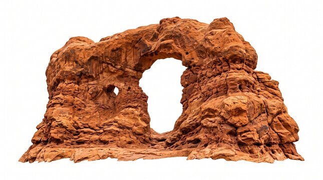 Majestic red sandstone arch formation with a prominent central opening, isolated on a clean white background, showcasing natural erosion and geological beauty.