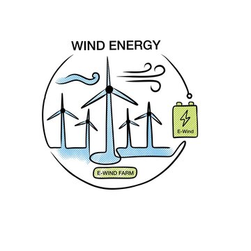 Wind Energy Concept Line Art Illustration of E-Wind Farm, Wind Turbines, and Battery Power Storage