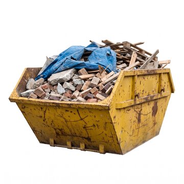 Large yellow skip container brimming with assorted construction debris, including bricks, wood, and a blue tarp, isolated on a white background, symbolizing waste management.