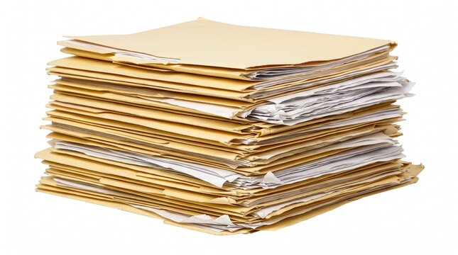 A tall, slightly messy stack of manila file folders overflowing with various white papers, isolated on a clean white background, symbolizing administrative tasks and paperwork.