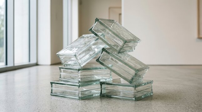 Modern Artistic Stack of Transparent Glass Building Blocks on a Polished Concrete Floor in a Minimalist Gallery Setting