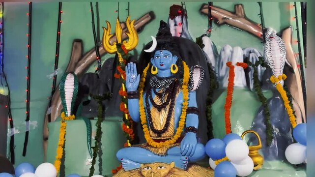 A dramatic green-toned representation of Lord Shiva featuring his iconic trident and ornate decorations, creating a powerful visual of divine strength and spiritual energy.