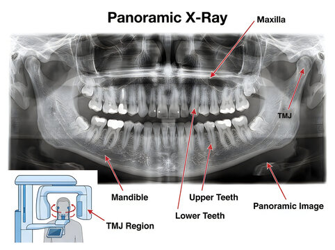 Panoramic Dental X-Ray Orthopantomogram Medical Infographic with Maxilla Mandible and TMJ Diagram Isolated