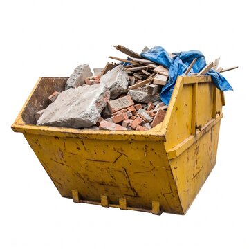 Bright yellow skip bin overflowing with diverse construction debris, including concrete, bricks, and wood, isolated on a clean white background, symbolizing waste management.