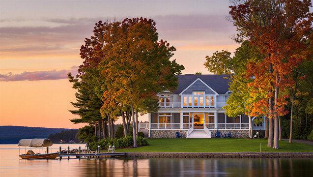 Luxury lakefront home with autumn foliage and private pier at sunset landscape waterfront
