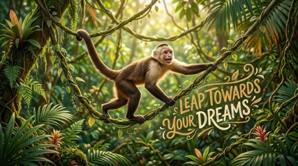 Obraz premium Capuchin Monkey Climbing Tropical Vines in Lush Rainforest with Inspirational Quote Text
