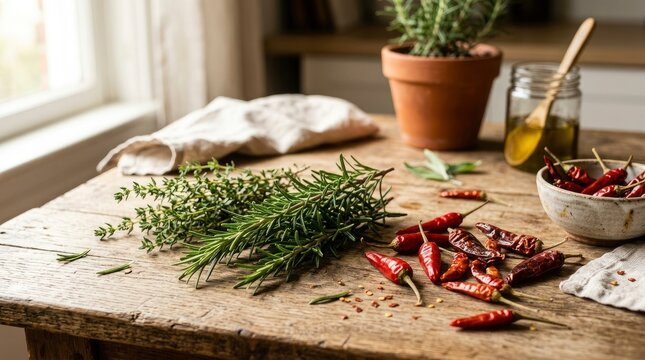Fresh Rosemary and Thyme Sprigs with Dried Red Chili Peppers on a Rustic Wooden Table in a Sunlit Kitchen