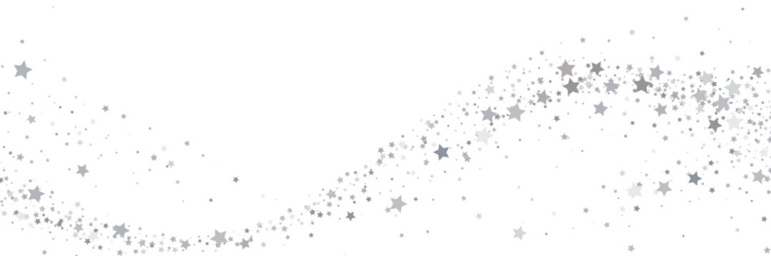 Silver star confetti wave on white background. Abstract magic stardust trail. Copy space for text