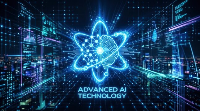 Advanced Artificial Intelligence Technology Concept with Glowing Brain and Atom Symbol over a Futuristic Digital City Skyline and Data Network Background
