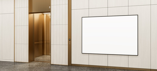 Obraz premium Empty poster mockup on a refined interior wall beside an open elevator, minimalist architectural display for advertising and design presentation. 3D Rendering