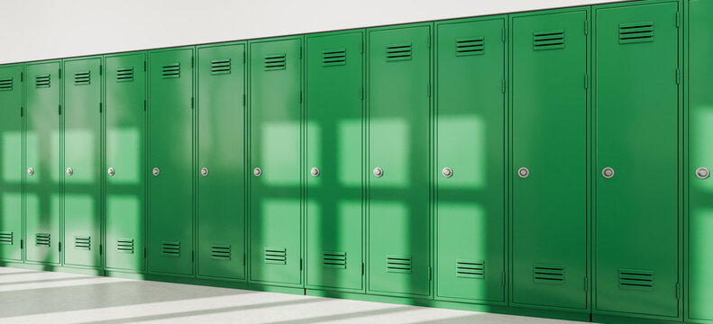 Green metal lockers lining a bright school interior with soft window shadows and spacious blurred background for storage concepts. 3D Rendering
