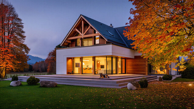 Contemporary a frame family house in autumn landscape with real estate exterior architecture