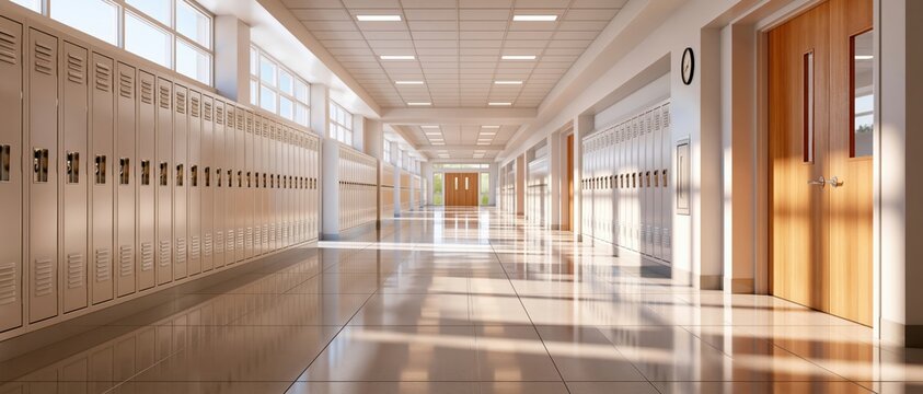 Empty school corridor with rows of plain lockers receding into distance