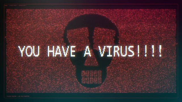 Flashing red skull and virus warning message embedded in scrolling binary system code. An intense digital background for cybersecurity presentations and hacker documentary films.
