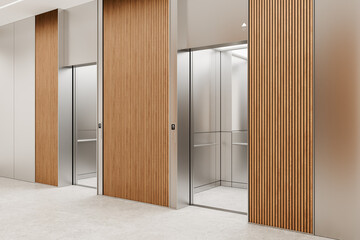 Modern elevator lobby interior with warm vertical wood slat doors, reflective metal cabins, and minimalist architectural design. 3D Rendering © ImageFlow