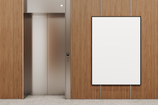 Empty poster mockup on a warm wood slat wall beside a modern elevator in a refined interior space for branding and design presentation. 3D Rendering