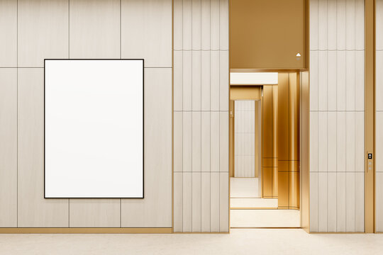 Empty poster mockup on a modern geometric wall beside a warm gold elevator interior, refined architectural display scene for branding and design. 3D Rendering